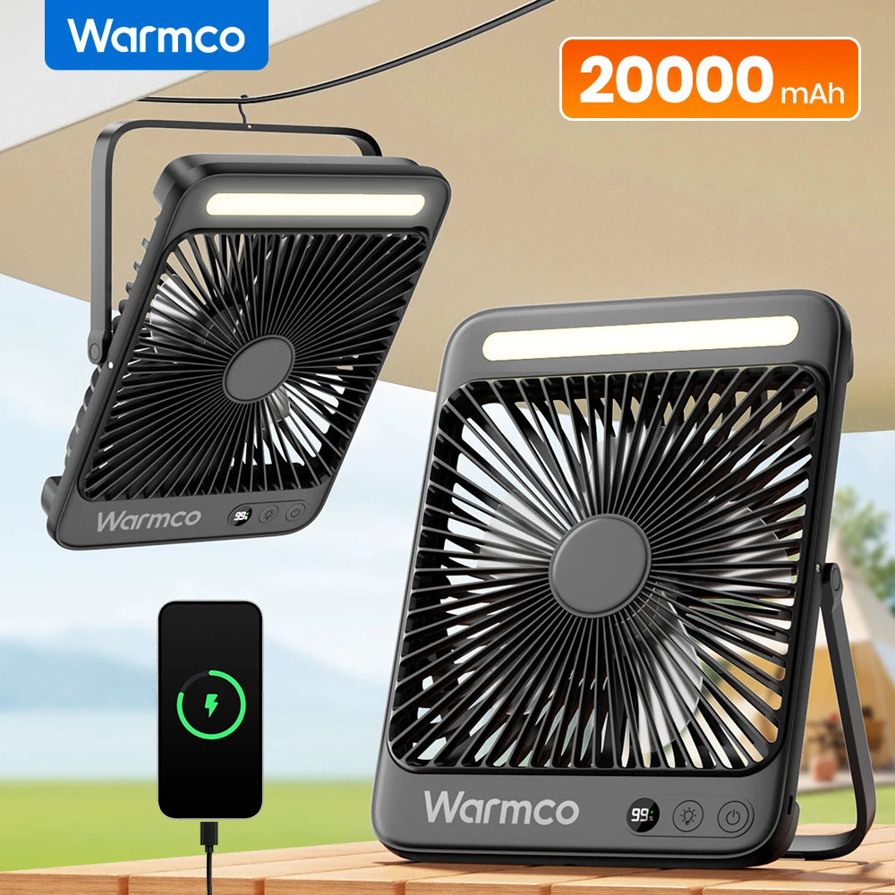 Warmco D4 Portable Desk Fan Rechargeable 20000mAh Camping Fan with Light,48Hrs Run Time 8" Silent Personal Fan Digital Display
