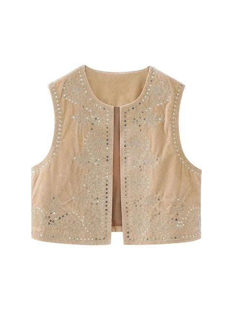 Vintage Autumn Velvet Embroidered Vest Sleeveless Jacket Women V Neck Chic Waistcoats Female Fashion Vests Coat 2023