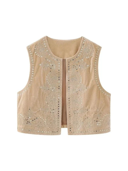 Vintage Autumn Velvet Embroidered Vest Sleeveless Jacket Women V Neck Chic Waistcoats Female Fashion Vests Coat 2023