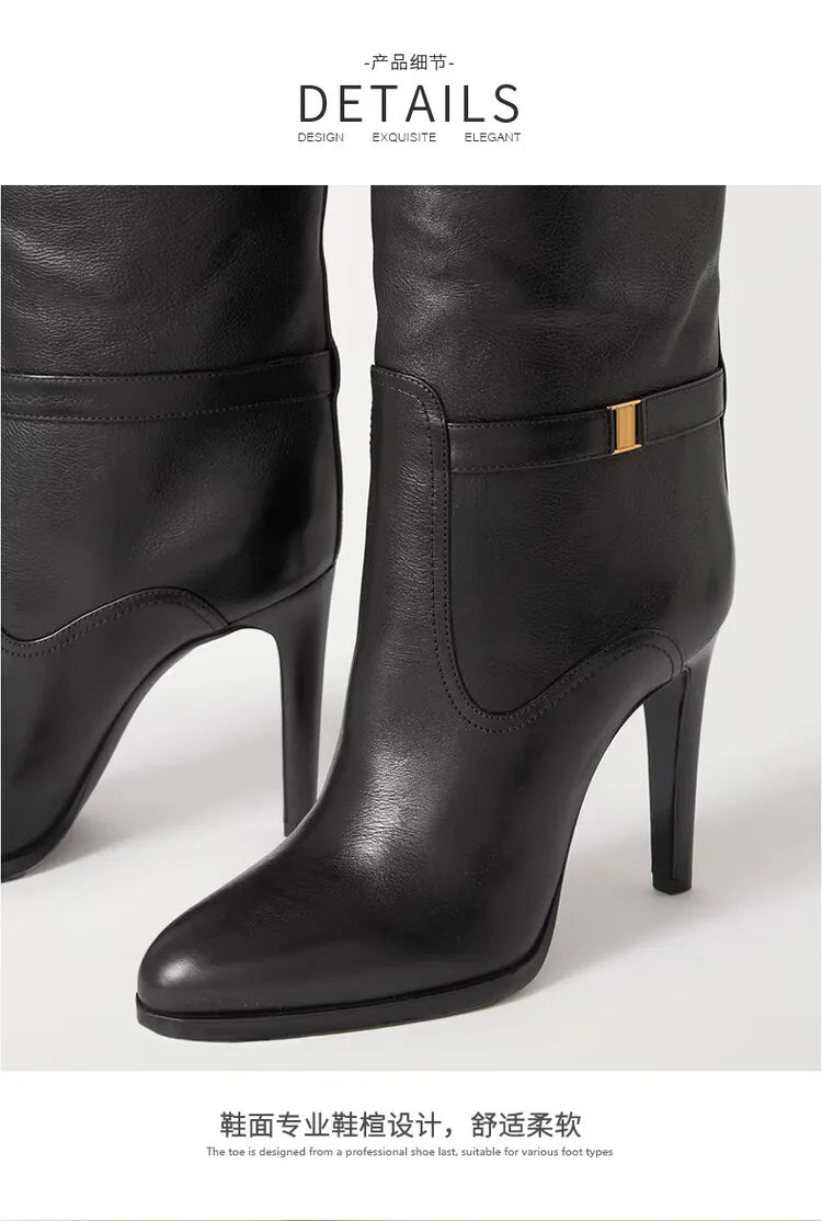 2024 Autumn and Winter Slim High Heels Knee High Women's Boots Fashionable Round Toe Cowhide Suede Oversized Mid Length Boots