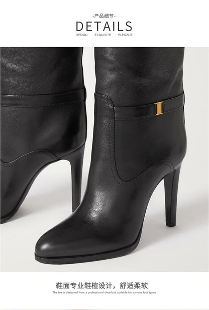 2024 Autumn and Winter Slim High Heels Knee High Women's Boots Fashionable Round Toe Cowhide Suede Oversized Mid Length Boots