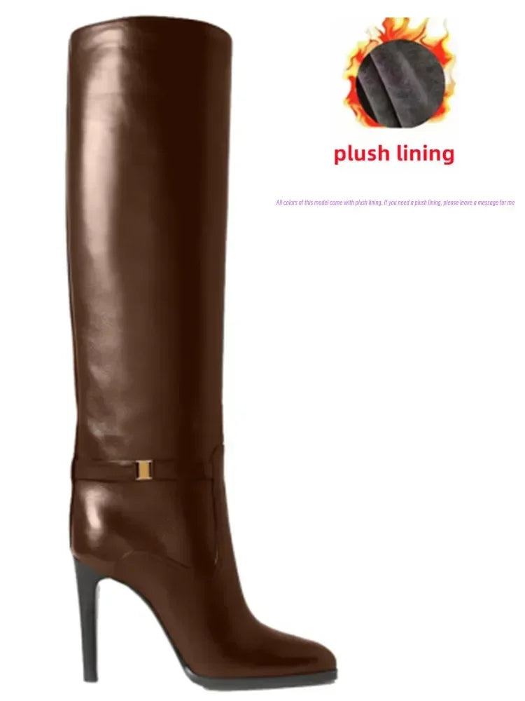 2024 Autumn and Winter Slim High Heels Knee High Women's Boots Fashionable Round Toe Cowhide Suede Oversized Mid Length Boots