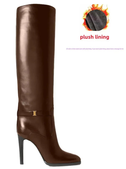 2024 Autumn and Winter Slim High Heels Knee High Women's Boots Fashionable Round Toe Cowhide Suede Oversized Mid Length Boots