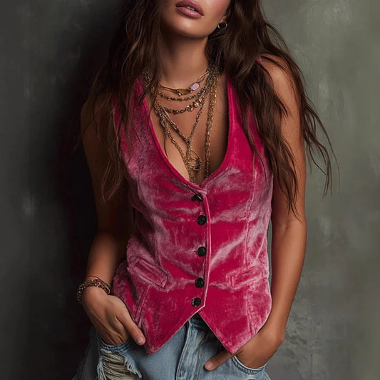 Retro Sleeveless Velvet Vest Women Autumn Winter Solid Color Crop Jacket Casual Single Breasted Streetwear Outerwear Coats
