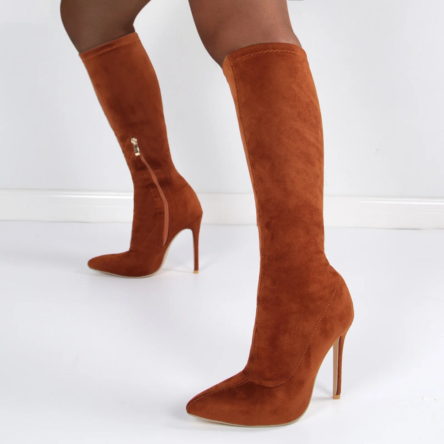 High Elasticity Leather Boots Women Side Zip Pointed Toe High Heels Shoes Fashion Big Size Suede Mid Booties Female Goth Shoes