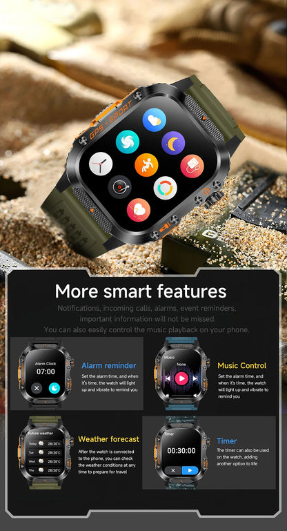 Military Outdoor Smart Watch Men's GPS Flashlight Bluetooth Call 2.01" AMOLED Screen 3ATM Waterproof Sports Smartwatch 2025 New