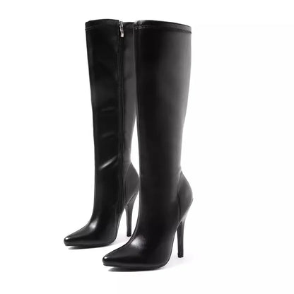 12cm Metal Heels Women Knee High Boots Black Matte Shiny Patent Leather Pointed Toe Zipper Tall Boots Size 45 Party Dress Shoes