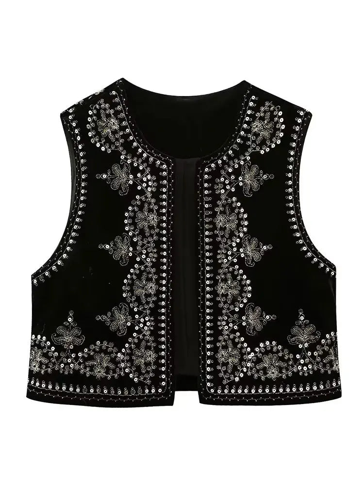 Vintage Autumn Velvet Embroidered Vest Sleeveless Jacket Women V Neck Chic Waistcoats Female Fashion Vests Coat 2023