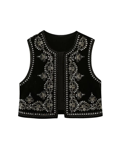 Vintage Autumn Velvet Embroidered Vest Sleeveless Jacket Women V Neck Chic Waistcoats Female Fashion Vests Coat 2023