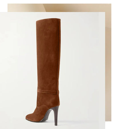 2024 Autumn and Winter Slim High Heels Knee High Women's Boots Fashionable Round Toe Cowhide Suede Oversized Mid Length Boots