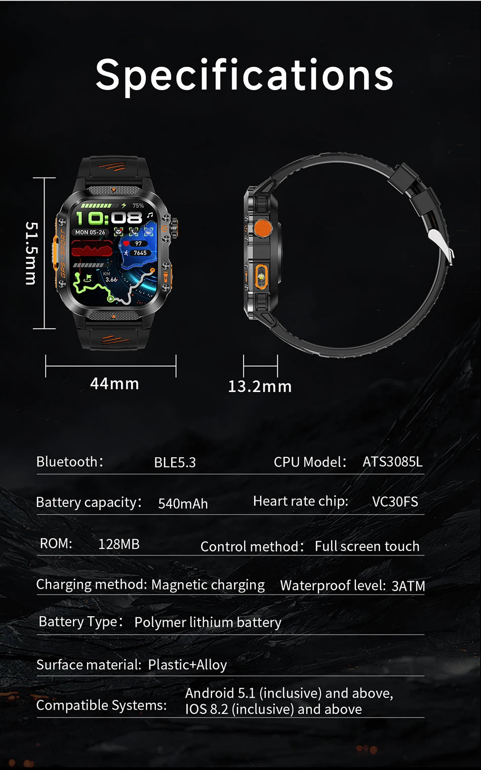 Military Outdoor Smart Watch Men's GPS Flashlight Bluetooth Call 2.01" AMOLED Screen 3ATM Waterproof Sports Smartwatch 2025 New