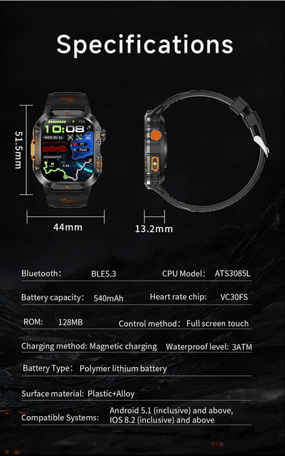 Military Outdoor Smart Watch Men's GPS Flashlight Bluetooth Call 2.01" AMOLED Screen 3ATM Waterproof Sports Smartwatch 2025 New